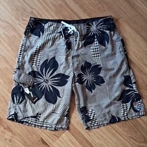 Billabong Black and Tan Board Shorts With Built-in Pocket Bottle Opener